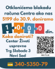 Otklonićemo blokadu računa Centra ako nas 5199 do 30.9. doniramo 1000 din, Kako donirati? Centar Živeti uspravno Trg Slobode 3 Novi Sad 340-5350-79 Desno od podataka Centra je QR kod za donaciju od 500 din. Cifre koje čine broj hioiljadu su bele boje u spojeni pojedinačnim delovima sdlagalice teget, narandžastom, svetlo-plavom i crvenom.